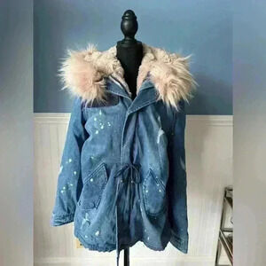 NWT Avec Les Filles Distressed Faux Fur Lined Denim Anorak ~ Large